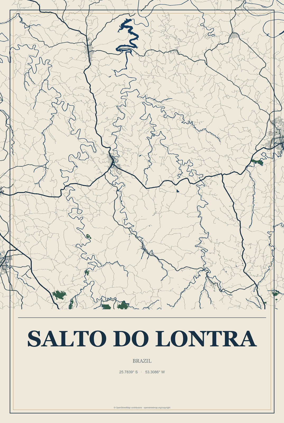 Salto do Lontra, Brazil City Map Aluminum Sign in Coastal Cutout style