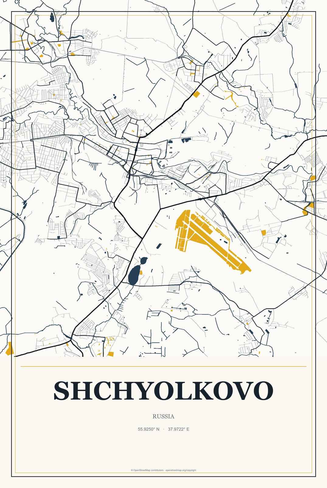 Shchyolkovo, Russia City Map Aluminum Sign in Citrine Modern style