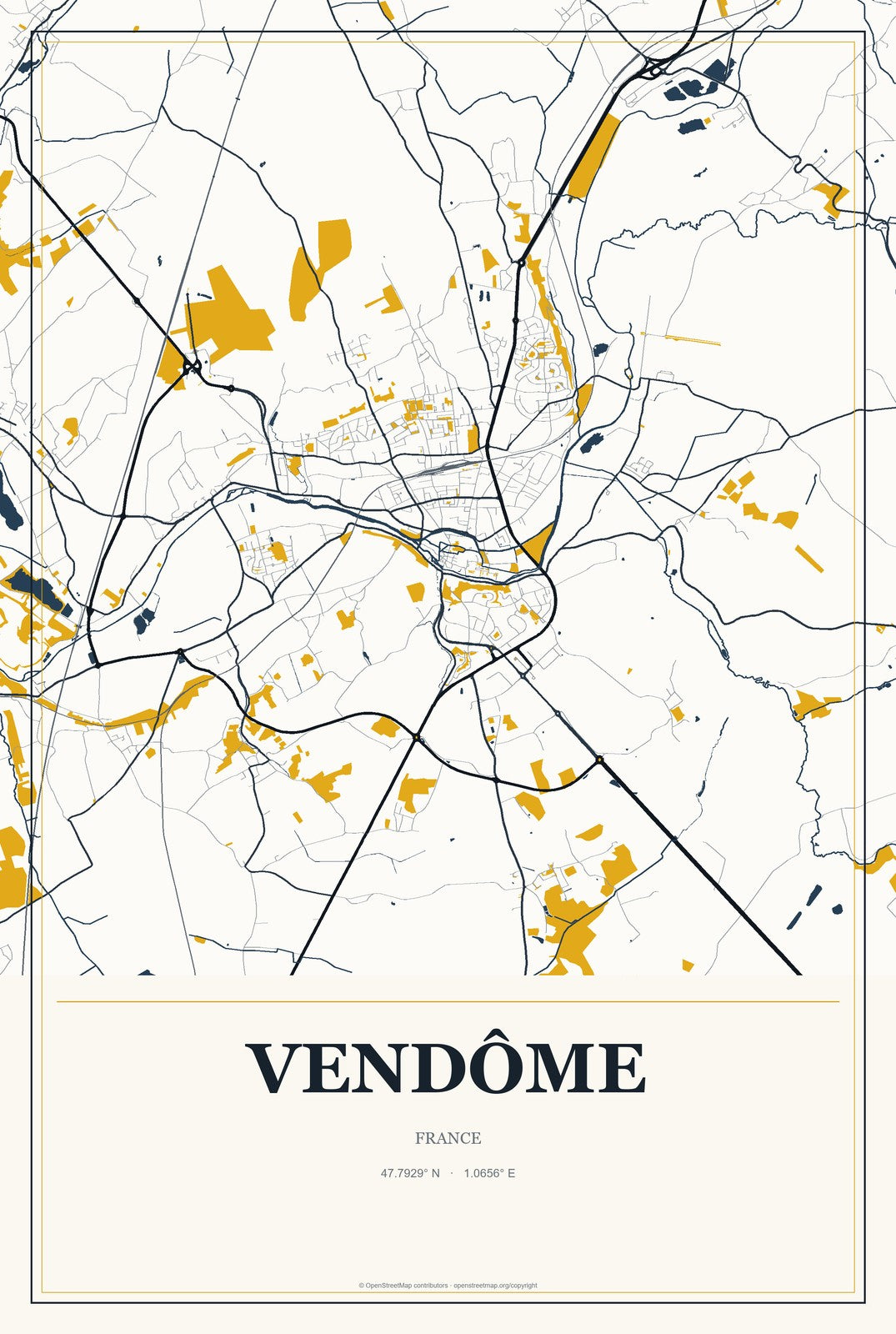 Vendôme, France City Map Aluminum Sign in Citrine Modern style