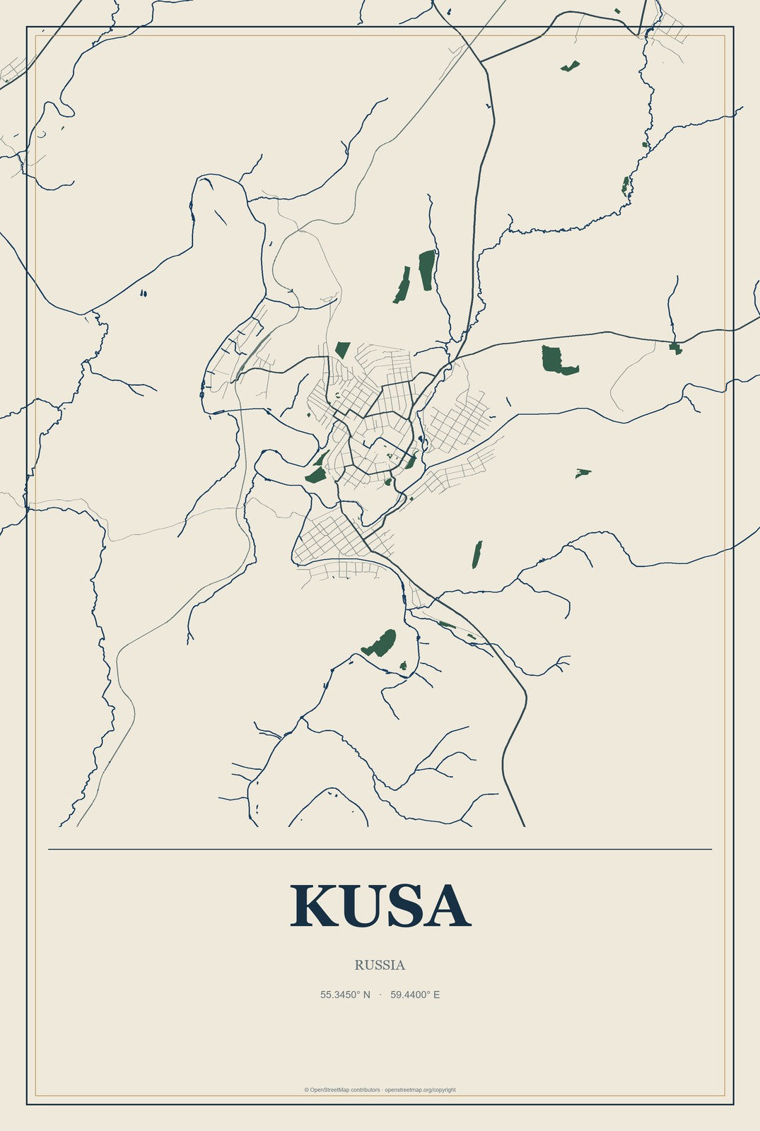 Kusa, Russia City Map Aluminum Sign in Coastal Cutout style