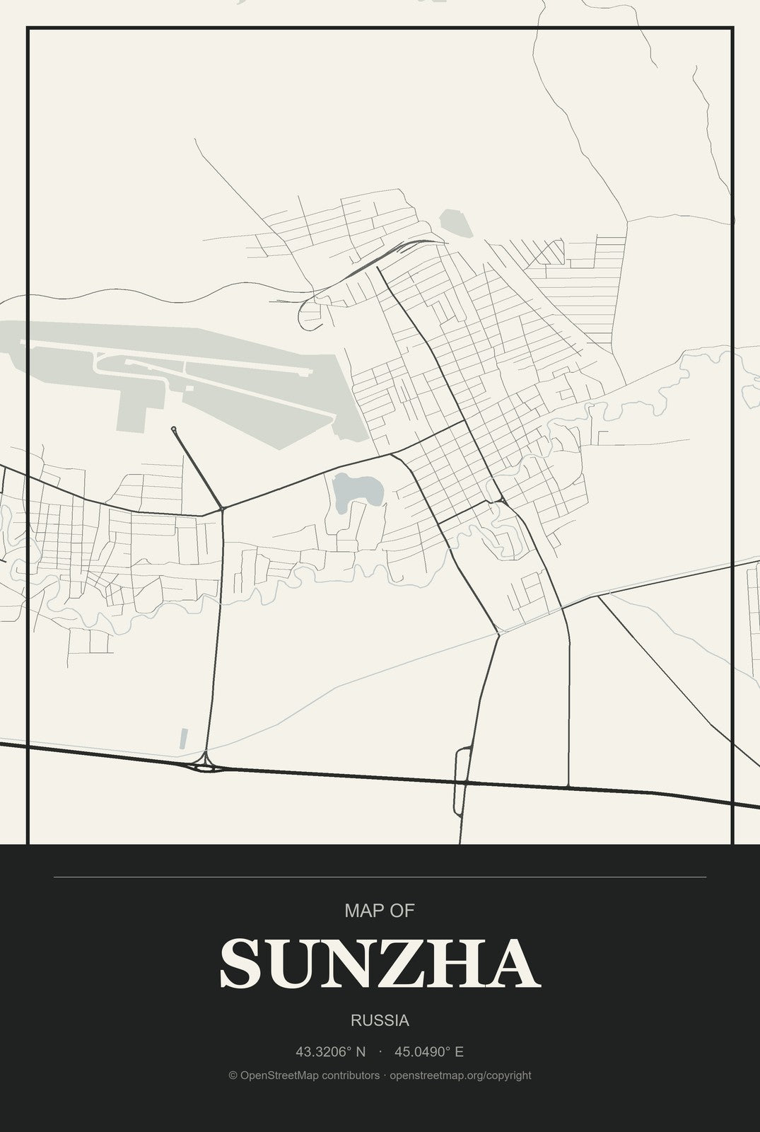 Sunzha, North Ossetia–Alania, Russia City Map Aluminum Sign in Museum Plaque style