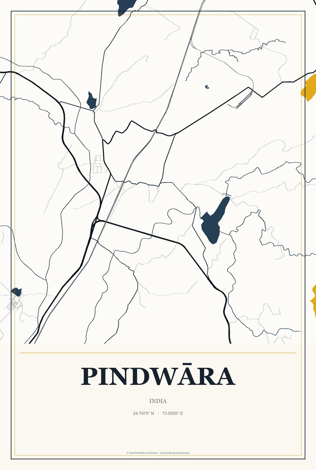 Pindwāra, India City Map Aluminum Sign in Citrine Modern style