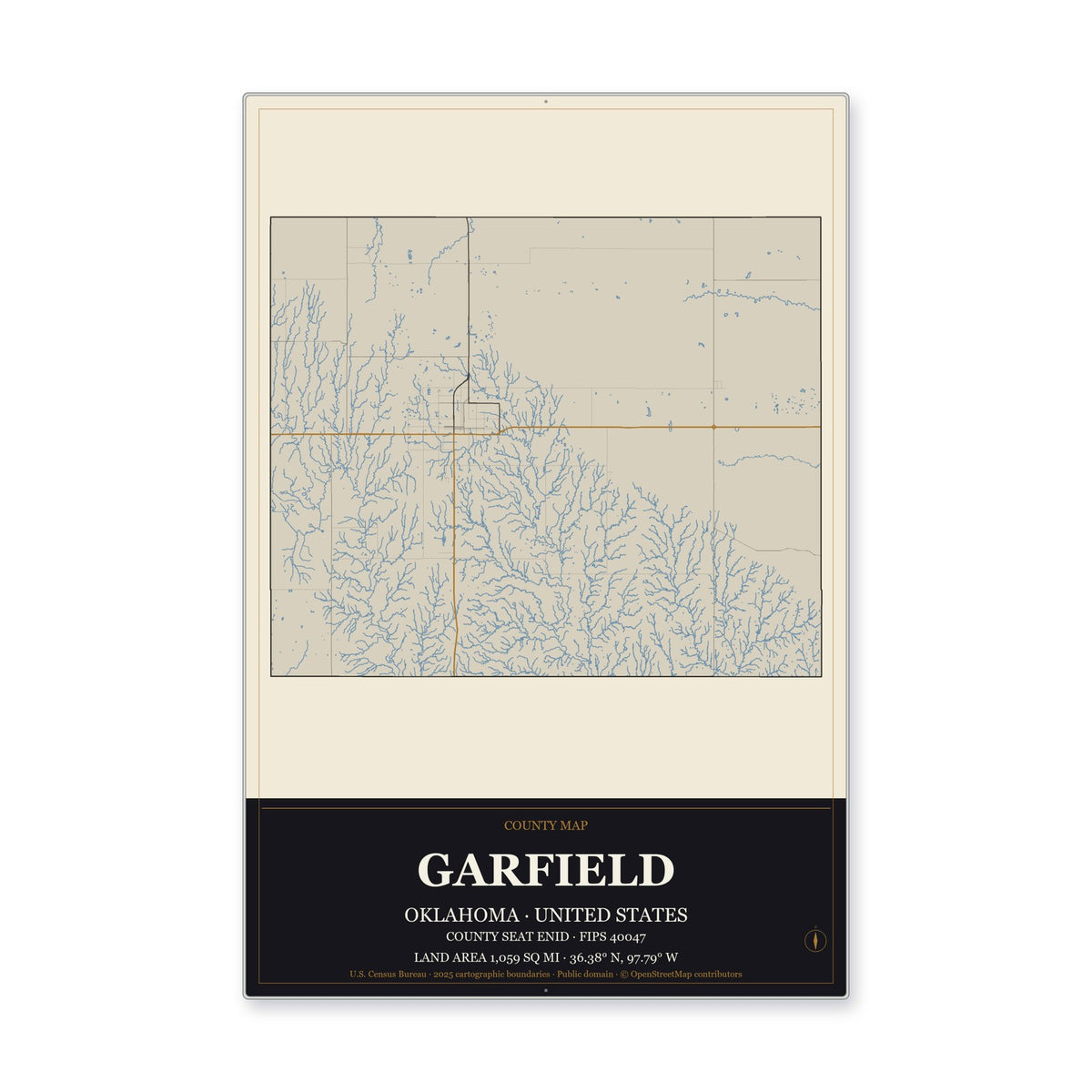 Garfield County, Oklahoma Map Aluminum Sign in Museum Plaque style