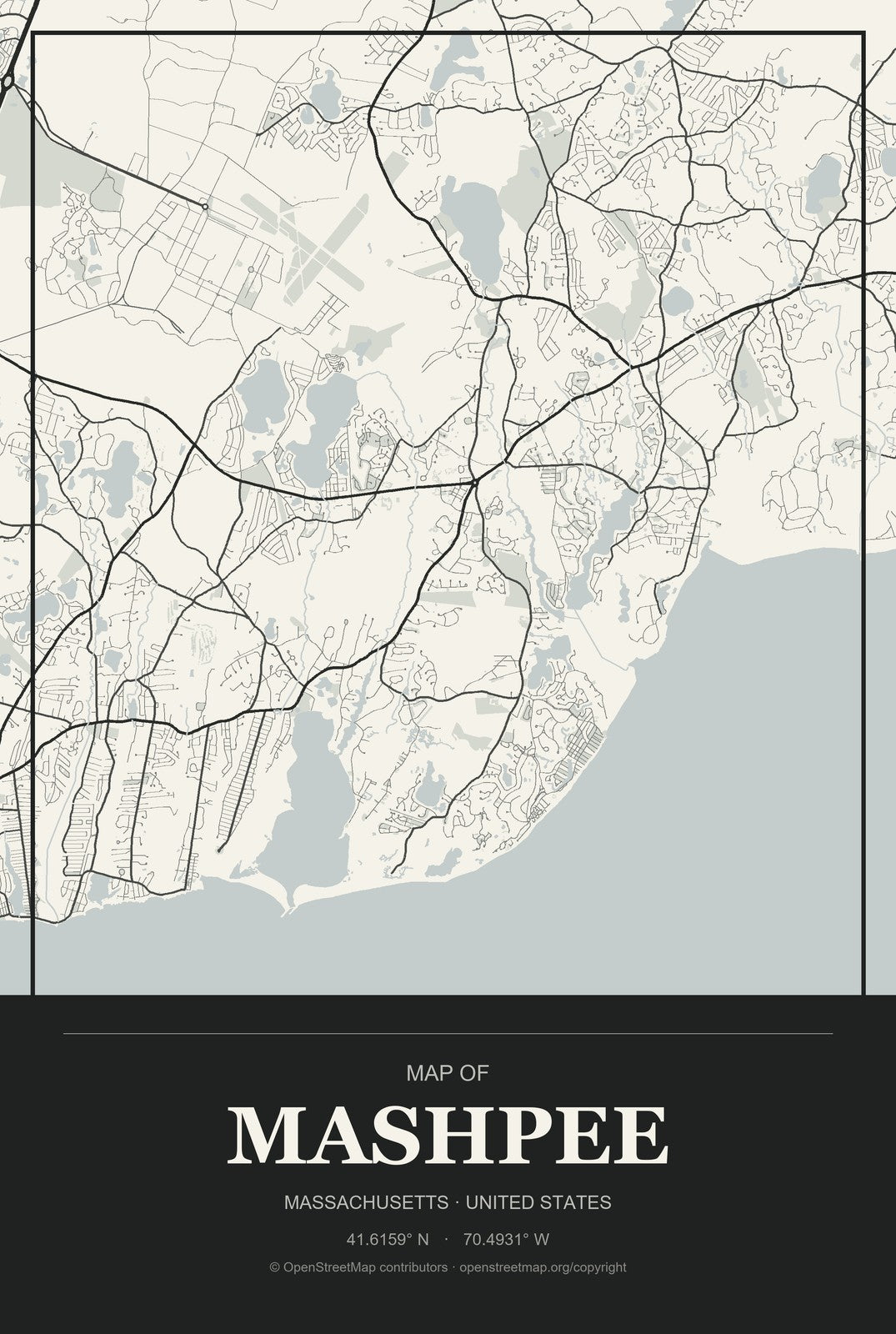 Mashpee, Massachusetts City Map Aluminum Sign in Museum Plaque style