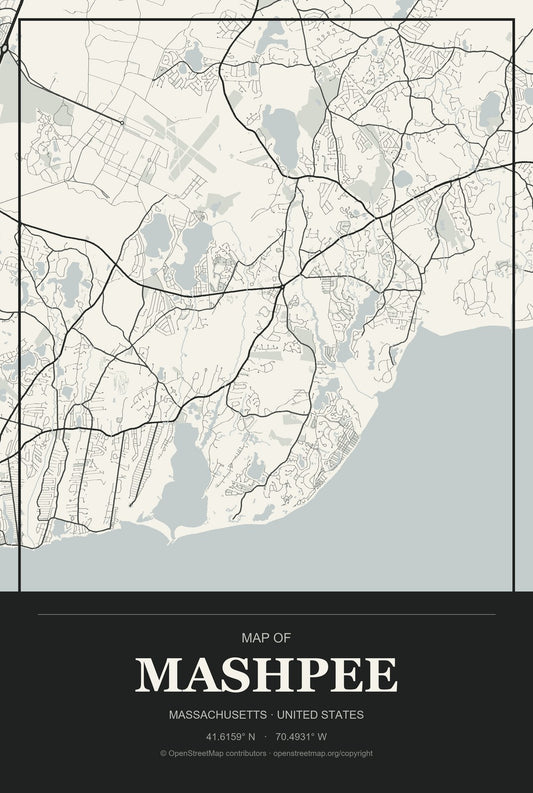 Mashpee, Massachusetts City Map Aluminum Sign in Museum Plaque style