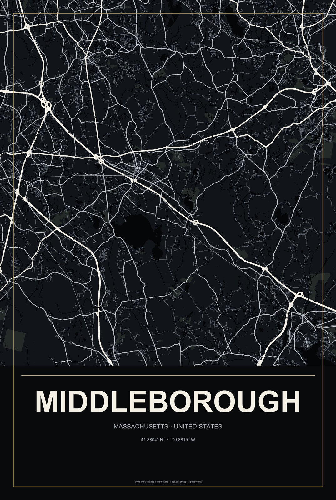 Middleborough, Massachusetts City Map Aluminum Sign in Metropolitan Noir style