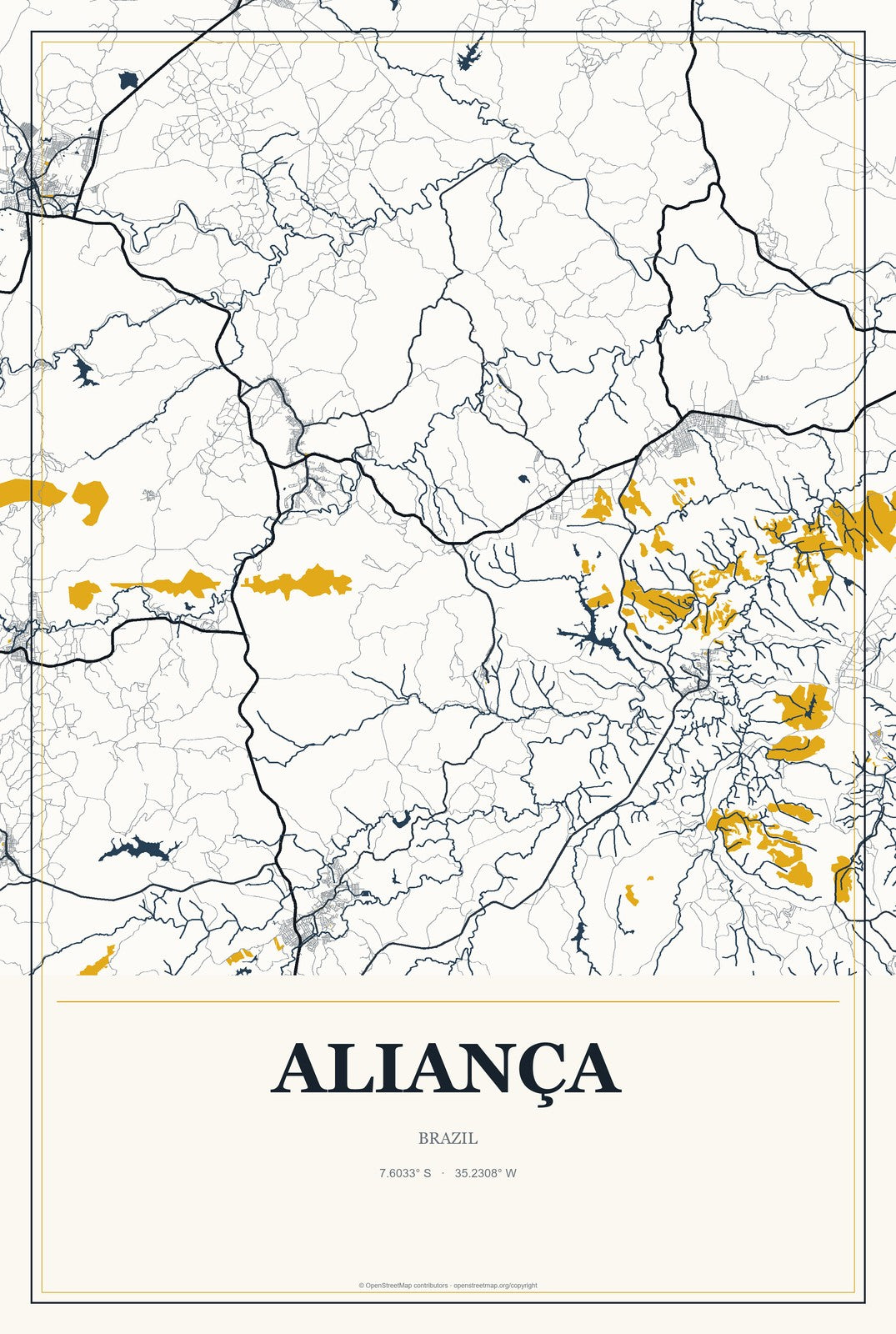 Aliança, Brazil City Map Aluminum Sign in Citrine Modern style