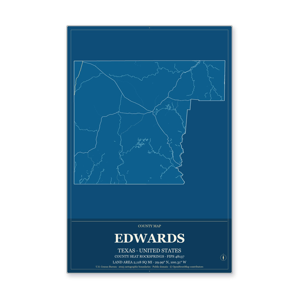 Edwards County, Texas Map Aluminum Sign in Harbor Cobalt style