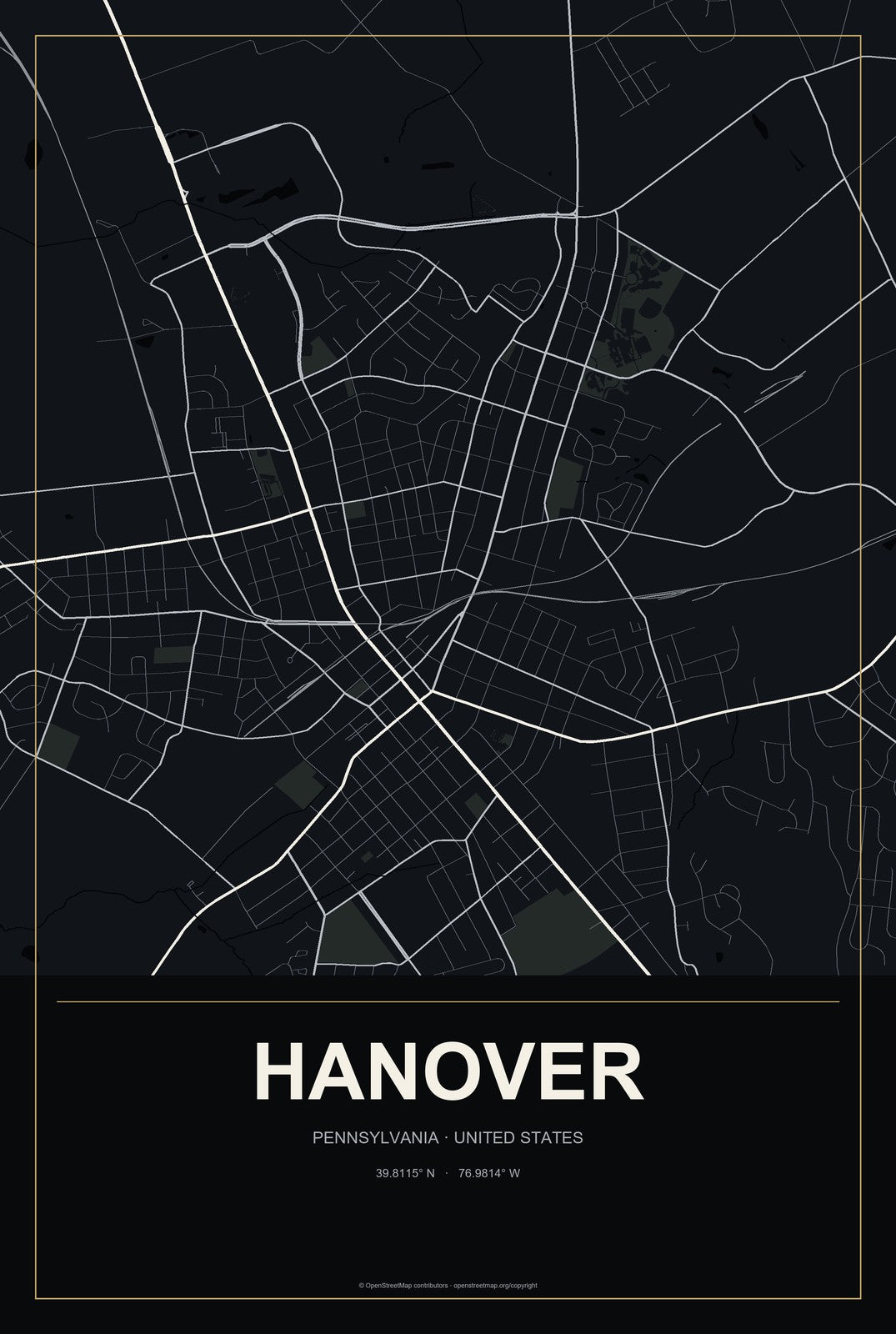Hanover, Pennsylvania City Map Aluminum Sign in Metropolitan Noir style