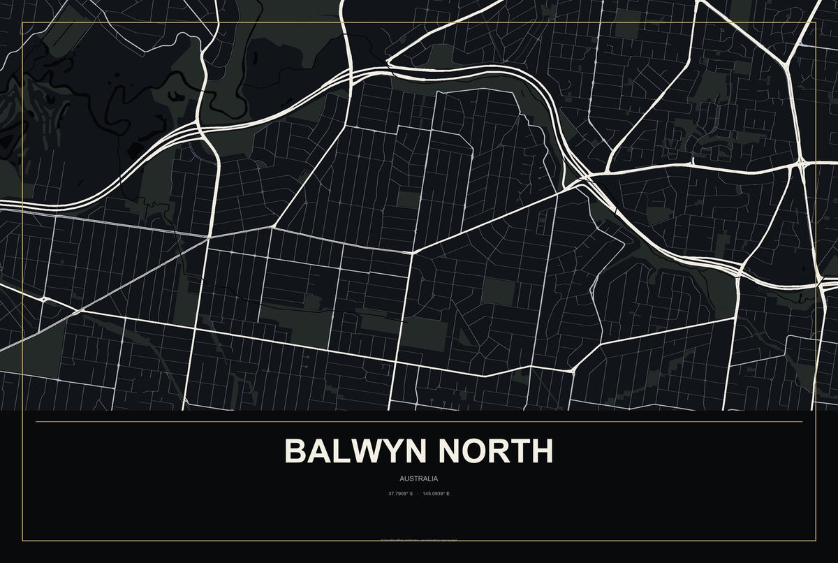 Balwyn North, Australia City Map Aluminum Sign in Metropolitan Noir style