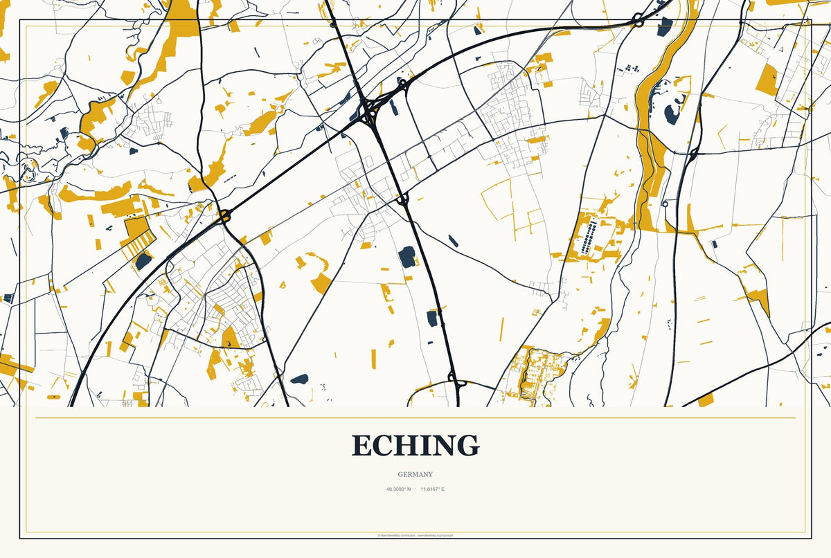 Eching, Germany City Map Aluminum Sign in Citrine Modern style