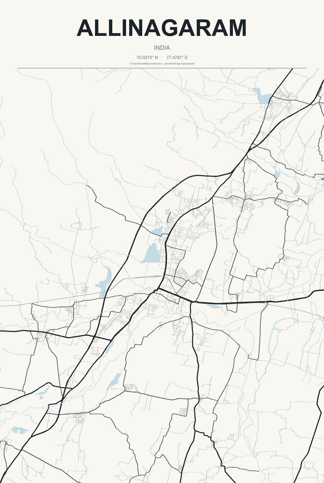 Allinagaram, India City Map Aluminum Sign in Headline Atlas style