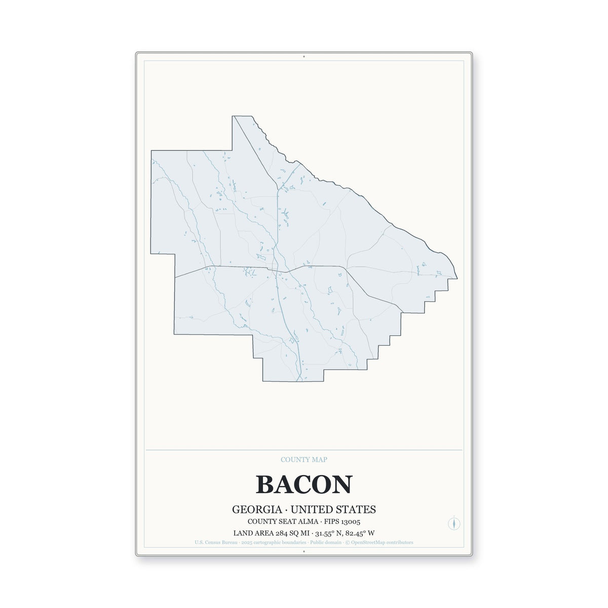 Bacon County, Georgia Map Aluminum Sign in Gallery Air style
