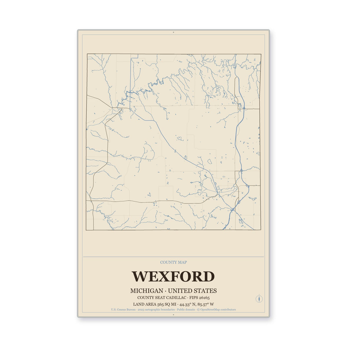 Wexford County, Michigan Map Aluminum Sign in Heritage Nautical style