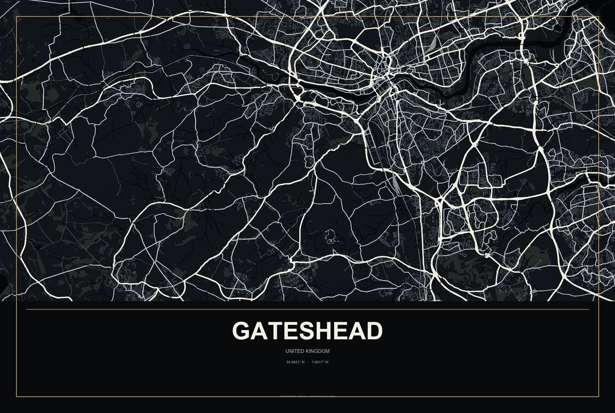 Gateshead, United Kingdom City Map Aluminum Sign in Metropolitan Noir style