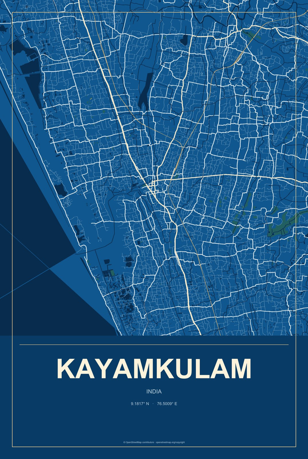 Kayamkulam, India City Map Aluminum Sign in Harbor Cobalt style