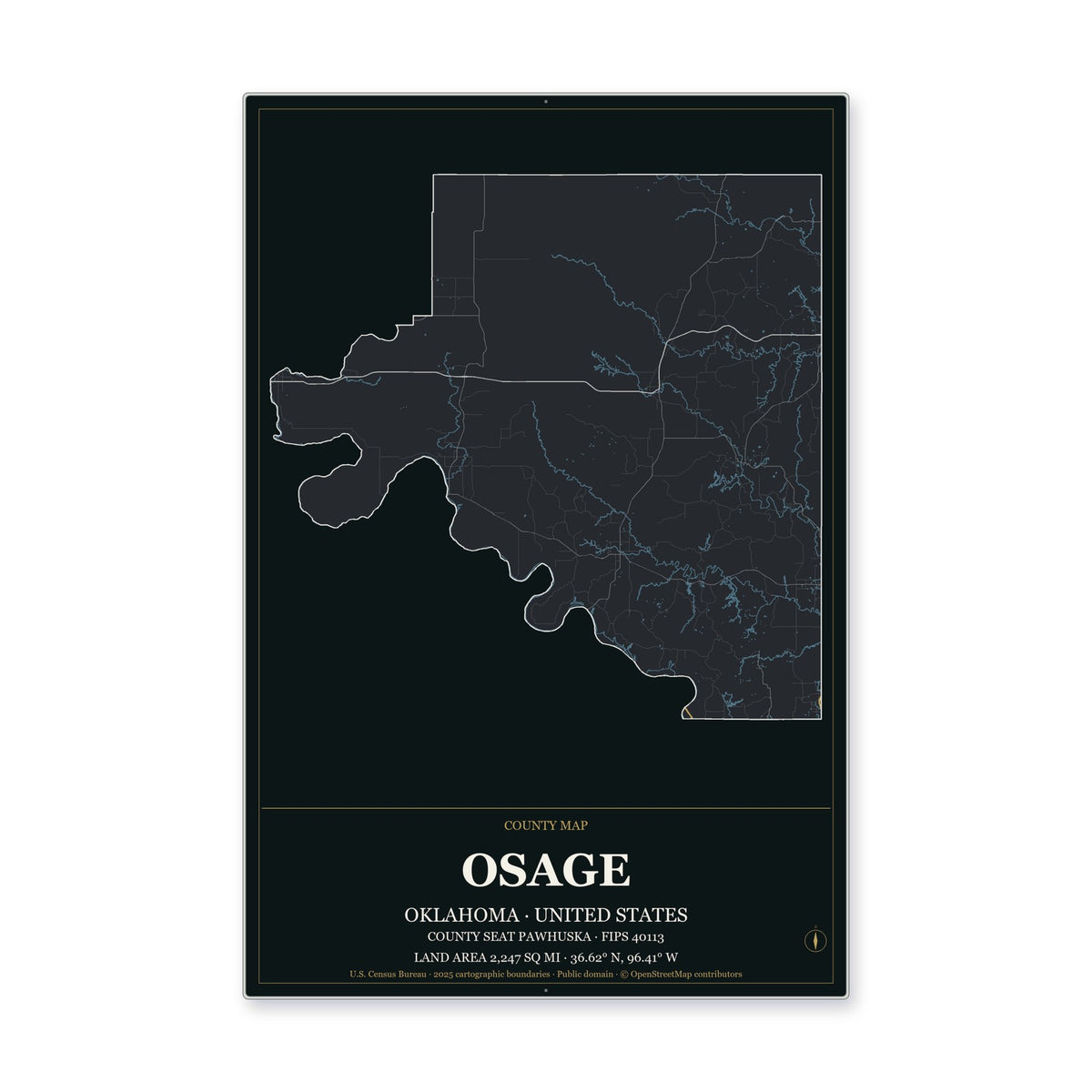 Osage County, Oklahoma Map Aluminum Sign in Metropolitan Noir style