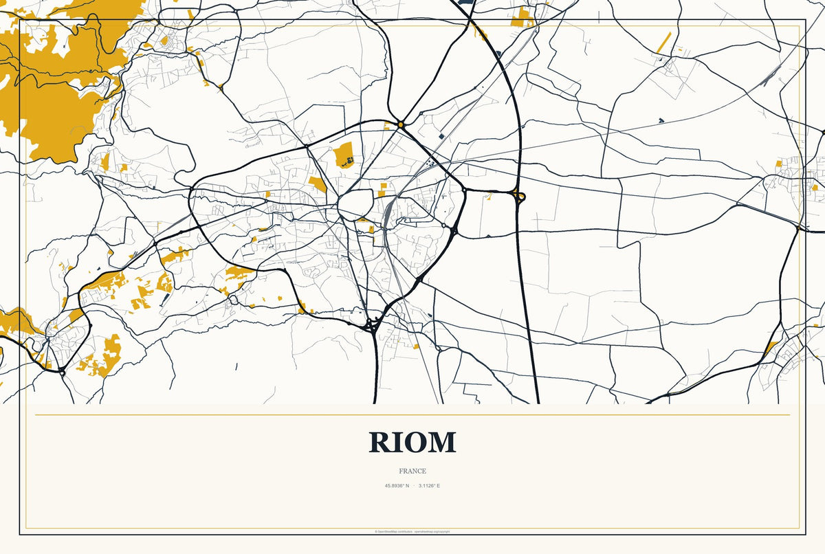 Riom, France City Map Aluminum Sign in Citrine Modern style