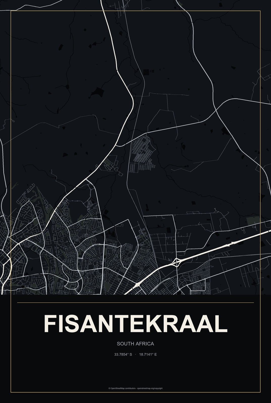 Fisantekraal, South Africa City Map Aluminum Sign in Metropolitan Noir style