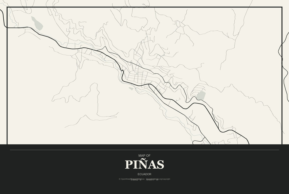 Piñas, Ecuador City Map Aluminum Sign in Museum Plaque style