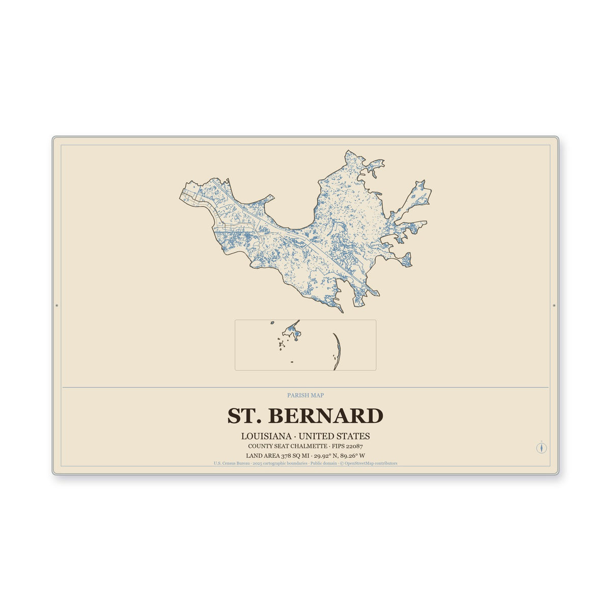 St. Bernard Parish, Louisiana Map Aluminum Sign in Heritage Nautical style