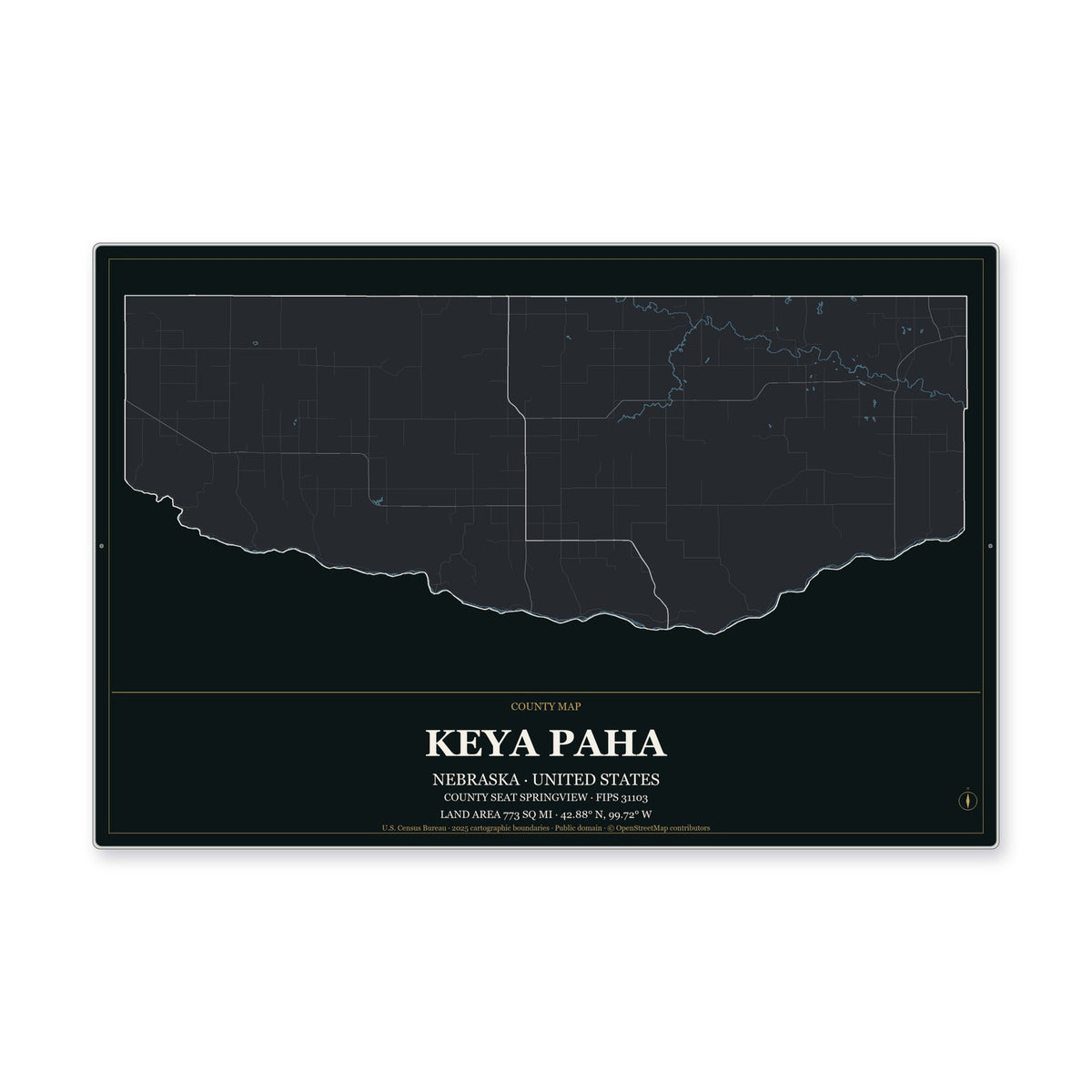 Keya Paha County, Nebraska Map Aluminum Sign in Metropolitan Noir style