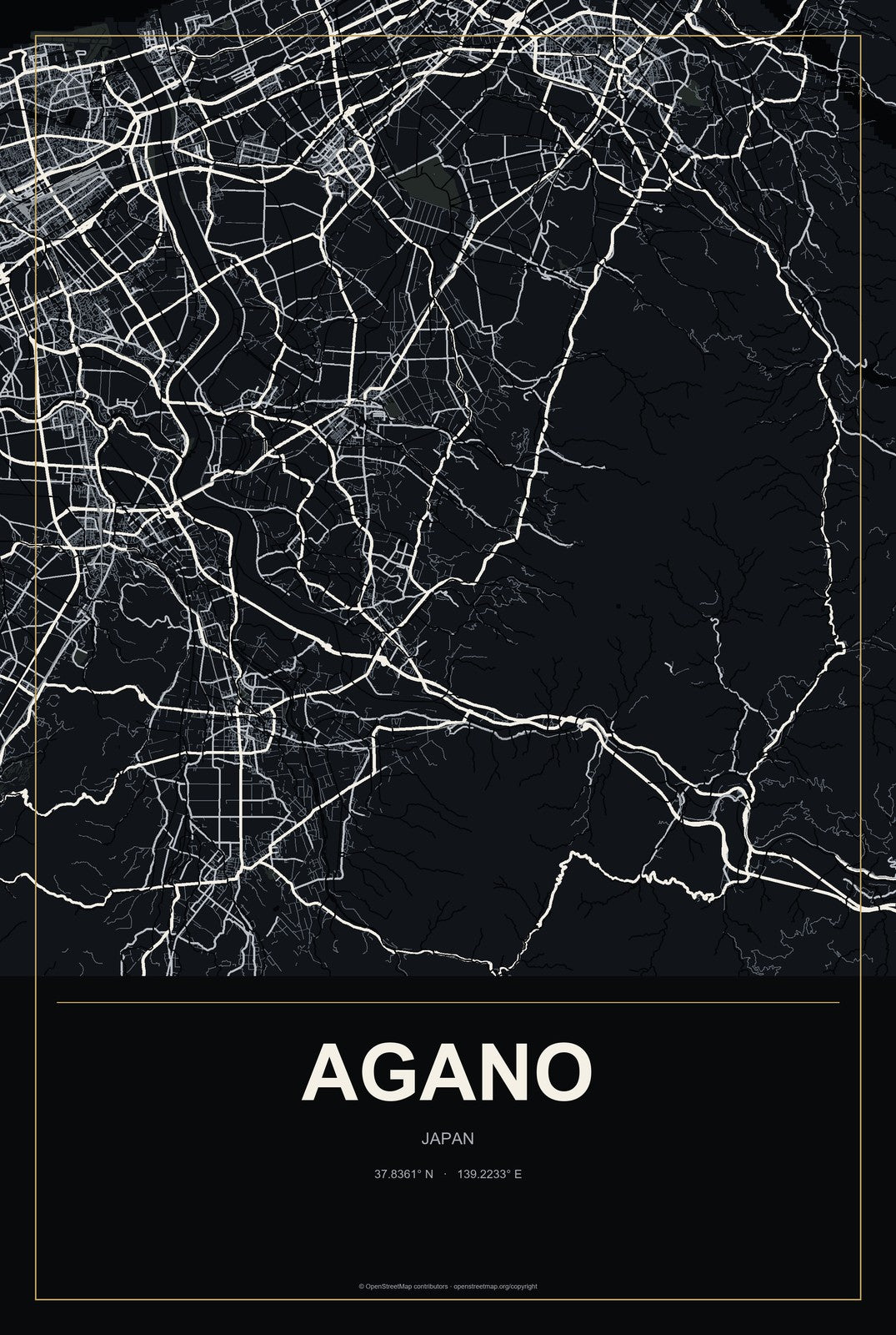 Agano, Japan City Map Aluminum Sign in Metropolitan Noir style
