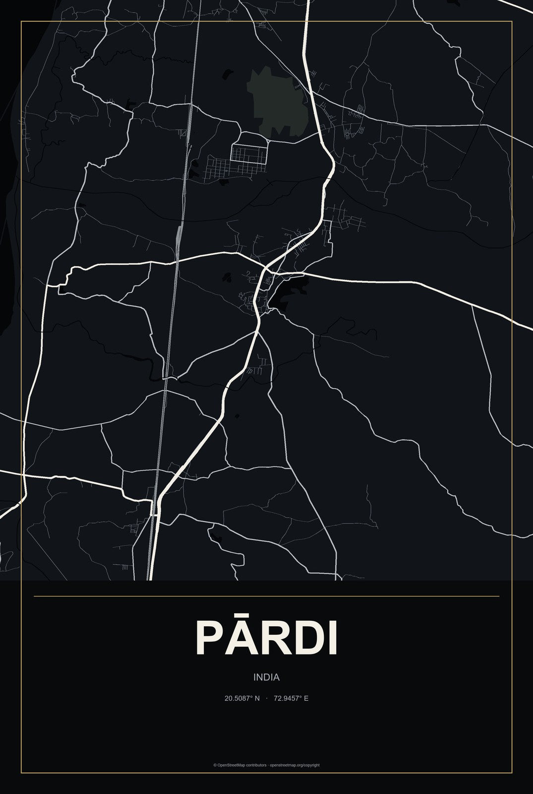 Pārdi, India City Map Aluminum Sign in Metropolitan Noir style