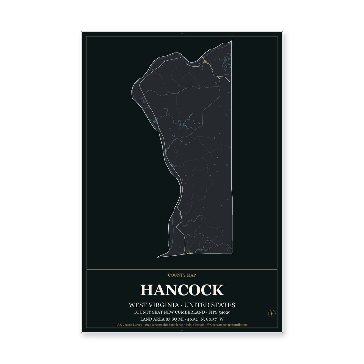 Hancock County, West Virginia Map Aluminum Sign in Metropolitan Noir style