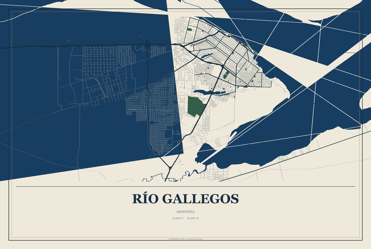 Río Gallegos, Argentina City Map Aluminum Sign in Coastal Cutout style