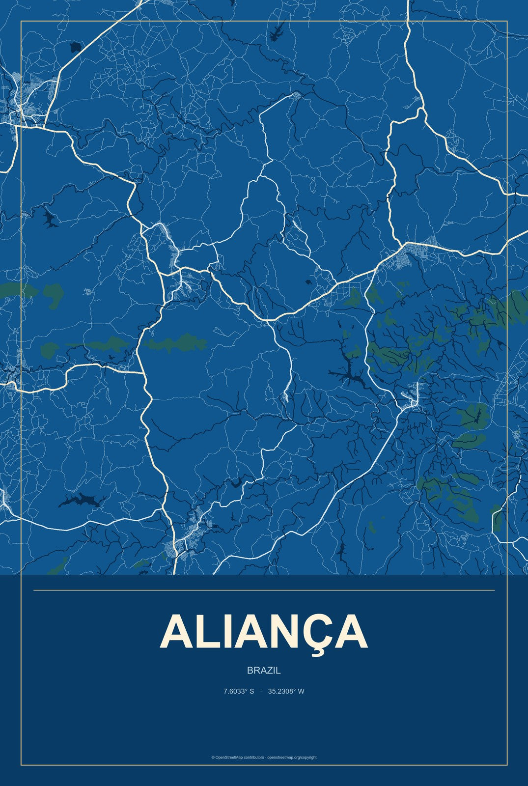 Aliança, Brazil City Map Aluminum Sign in Harbor Cobalt style