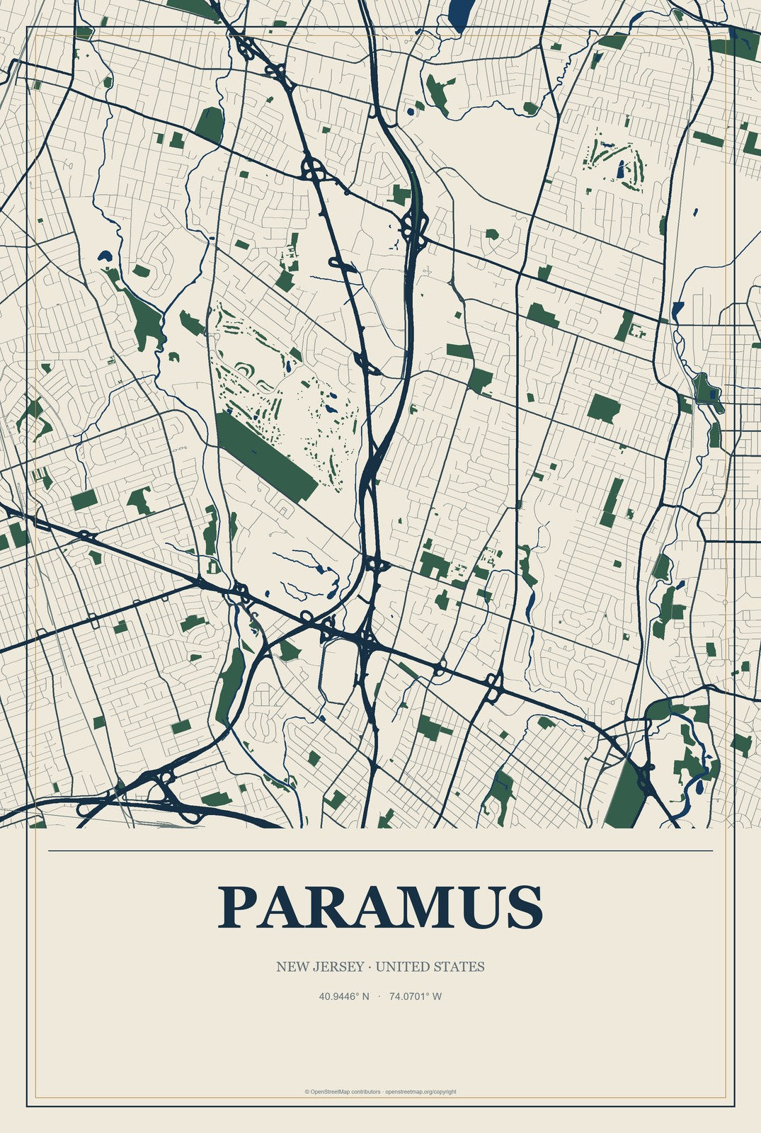 Paramus, New Jersey City Map Aluminum Sign in Coastal Cutout style
