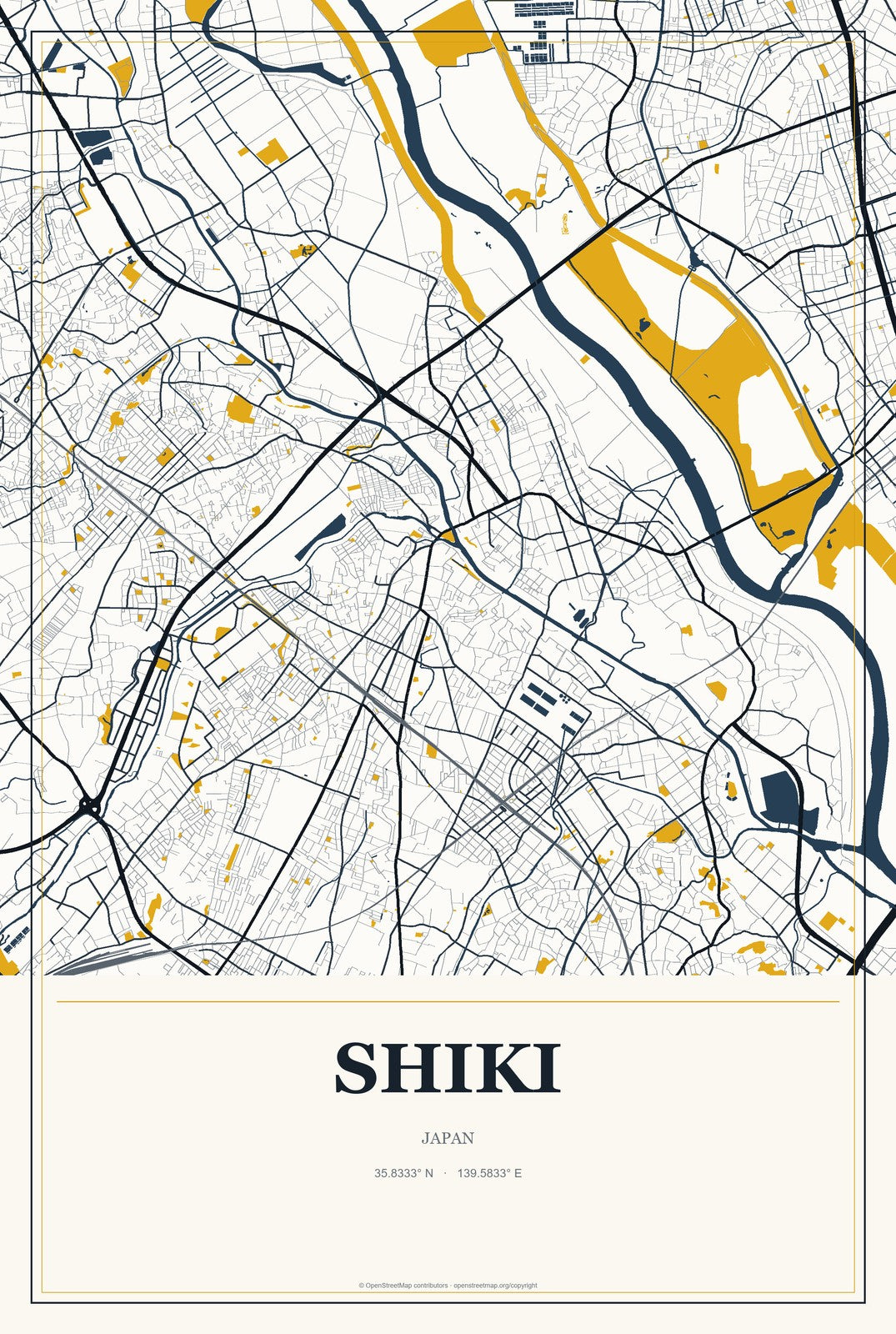 Shiki, Japan City Map Aluminum Sign in Citrine Modern style