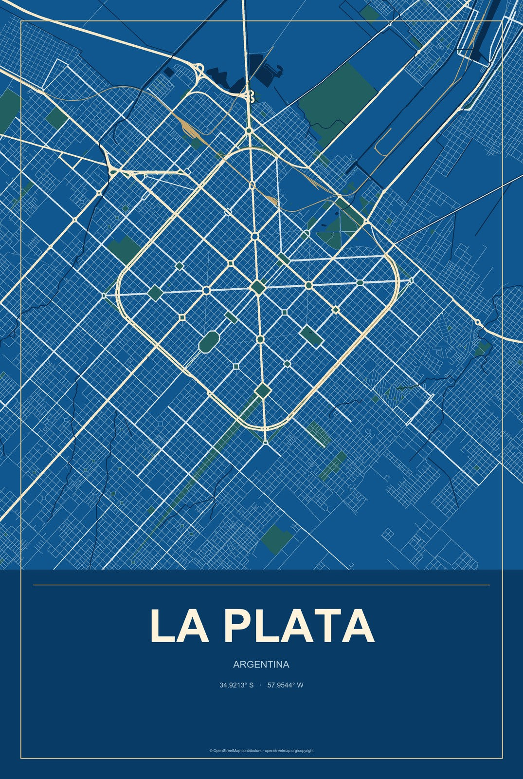 La Plata, Argentina City Map Aluminum Sign in Harbor Cobalt style
