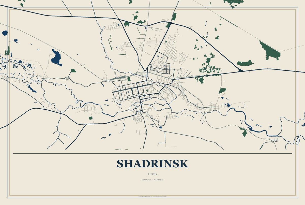 Shadrinsk, Russia City Map Aluminum Sign in Coastal Cutout style