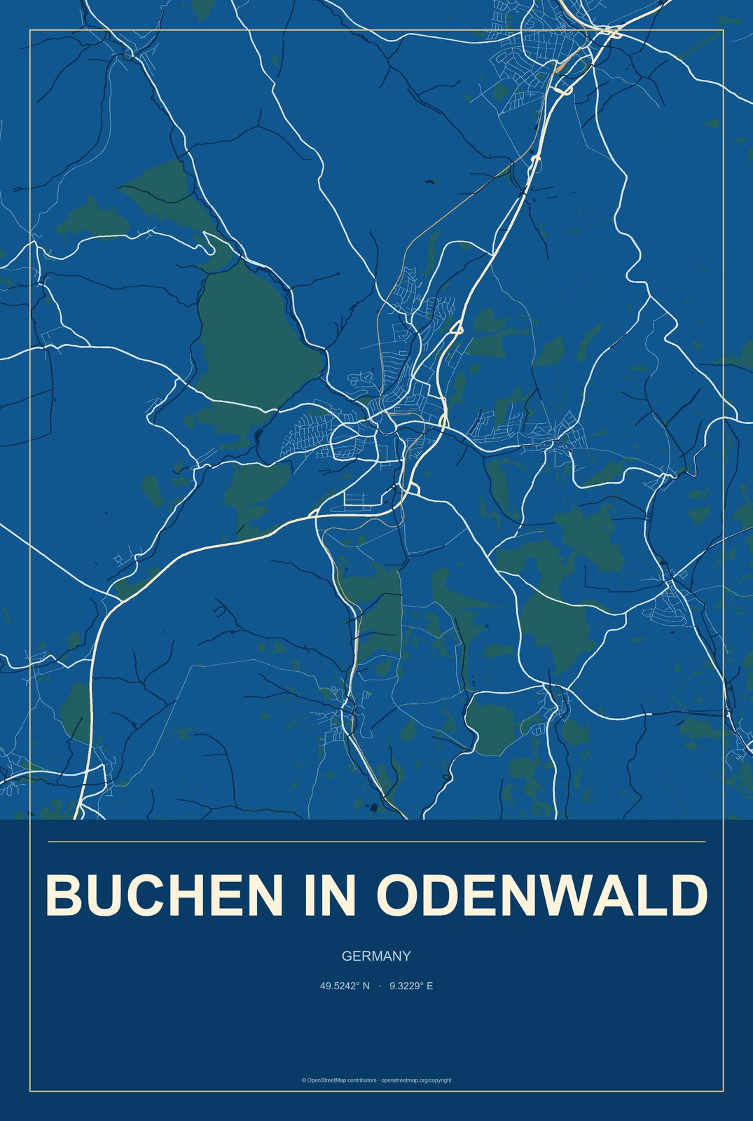 Buchen in Odenwald, Germany City Map Aluminum Sign in Harbor Cobalt style