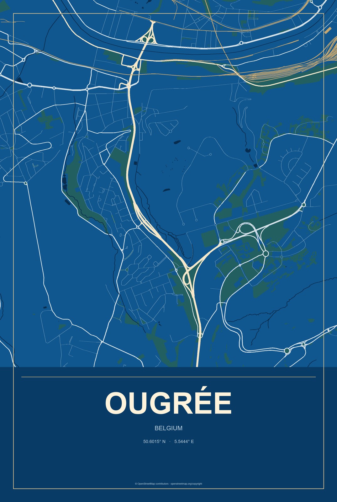 Ougrée, Belgium City Map Aluminum Sign in Harbor Cobalt style