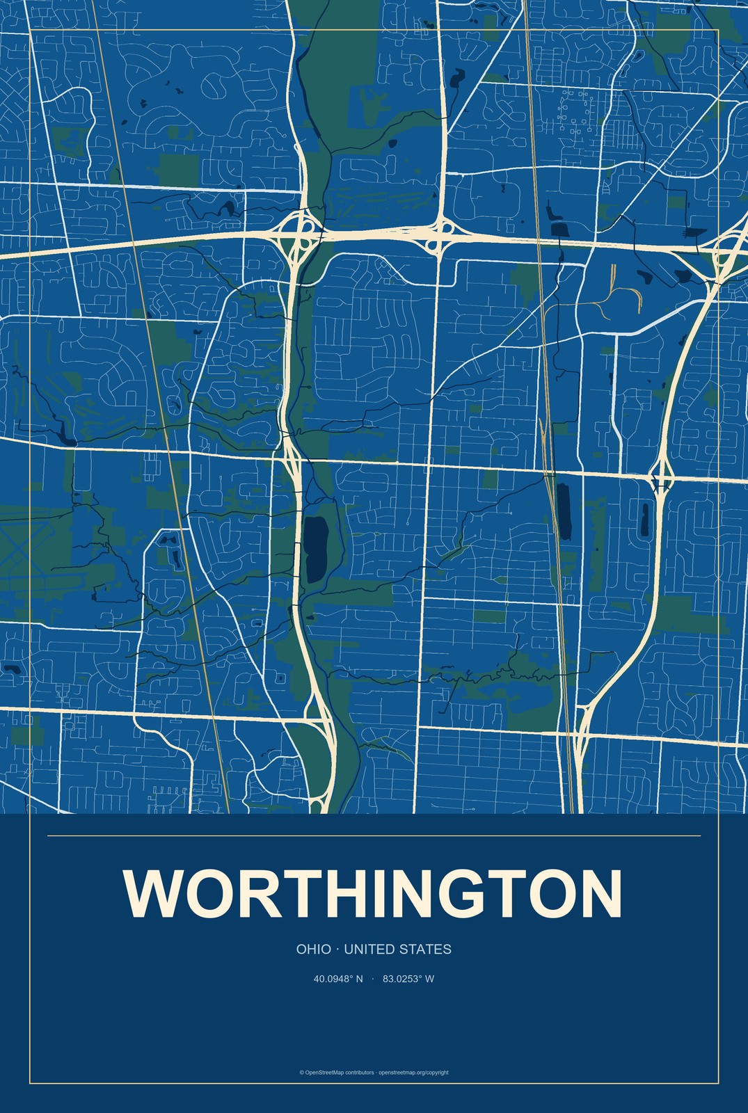 Worthington, Ohio City Map Aluminum Sign in Harbor Cobalt style