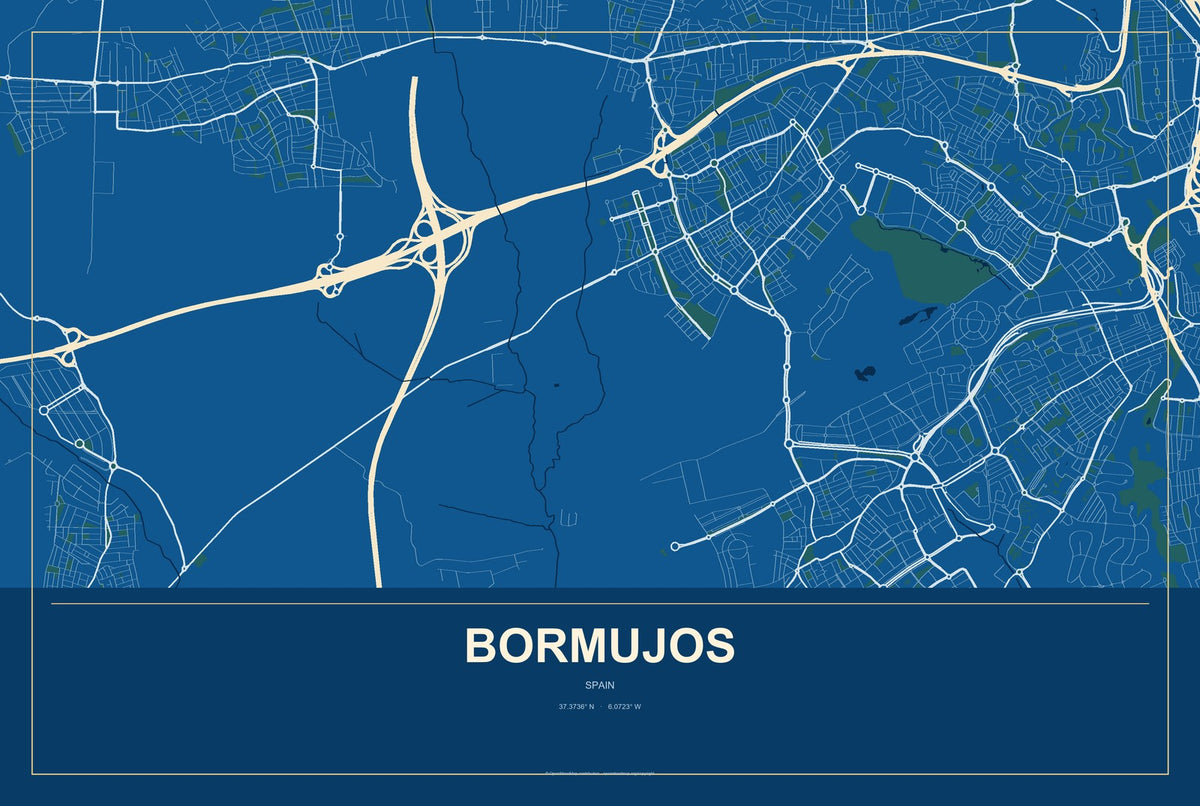 Bormujos, Spain City Map Aluminum Sign in Harbor Cobalt style