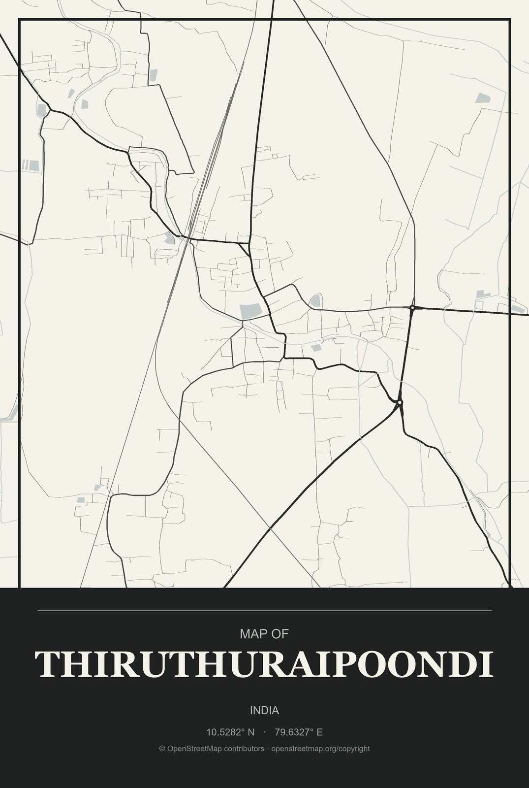 Thiruthuraipoondi, India City Map Aluminum Sign in Museum Plaque style