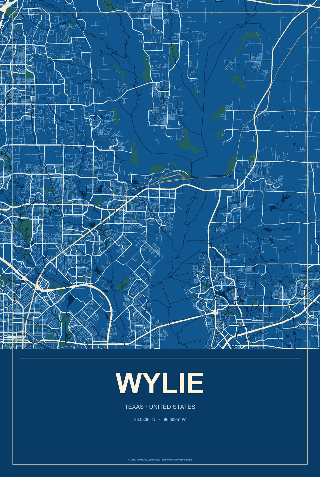 Wylie, Texas City Map Aluminum Sign in Harbor Cobalt style