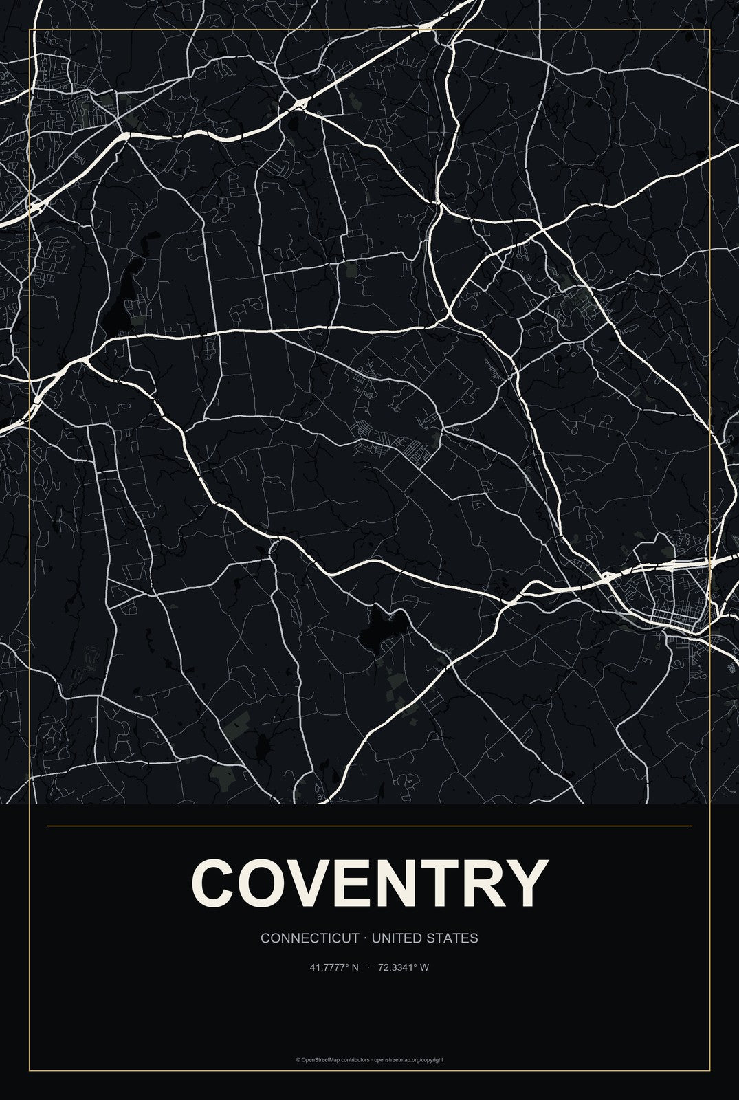 Coventry, Connecticut City Map Aluminum Sign in Metropolitan Noir style