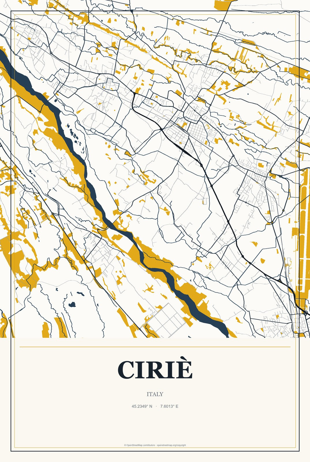 Ciriè, Italy City Map Aluminum Sign in Citrine Modern style