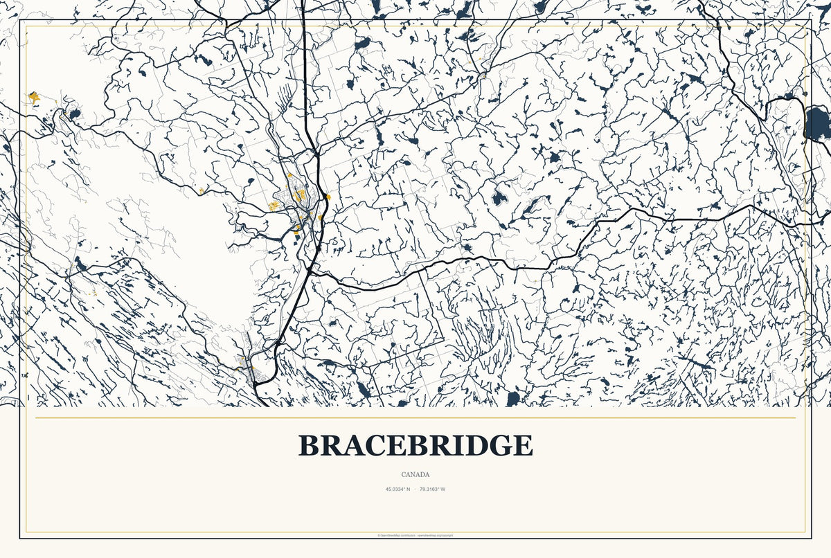 Bracebridge, Canada City Map Aluminum Sign in Citrine Modern style