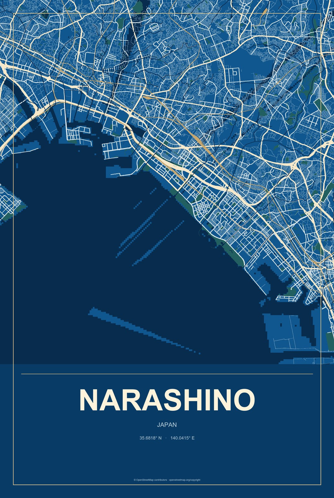 Narashino, Japan City Map Aluminum Sign in Harbor Cobalt style
