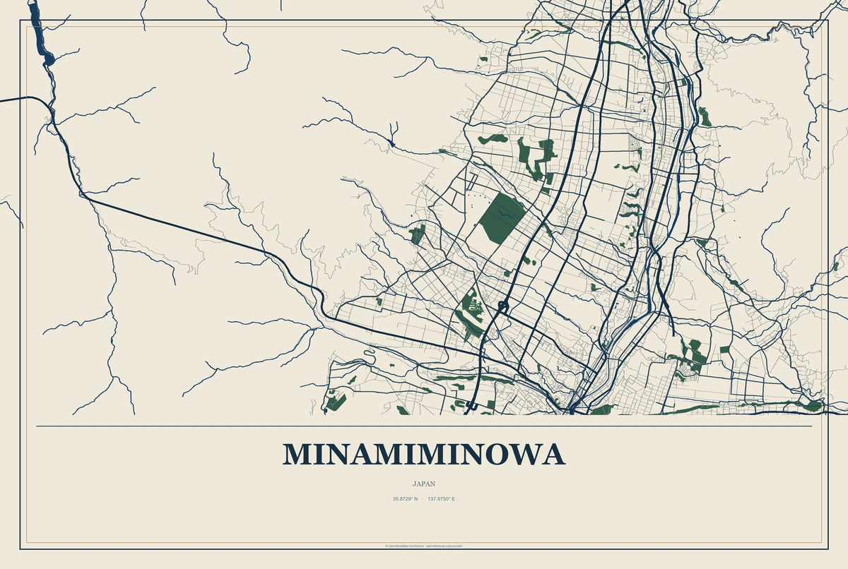 Minamiminowa, Japan City Map Aluminum Sign in Coastal Cutout style