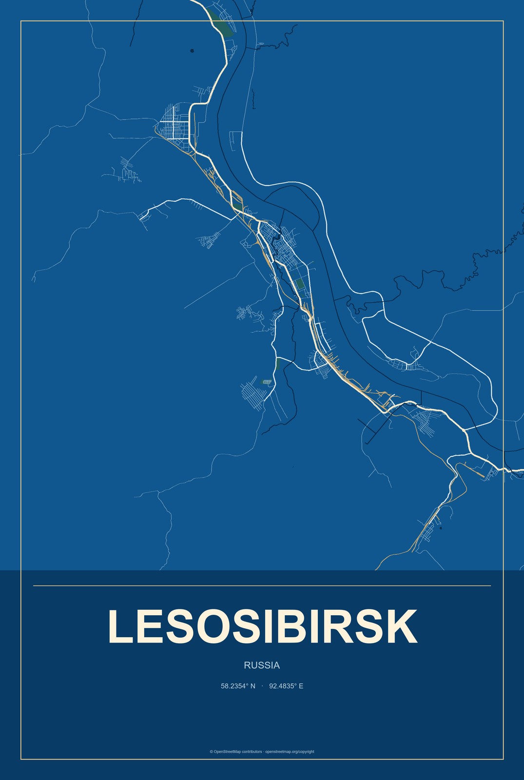 Lesosibirsk, Russia City Map Aluminum Sign in Harbor Cobalt style