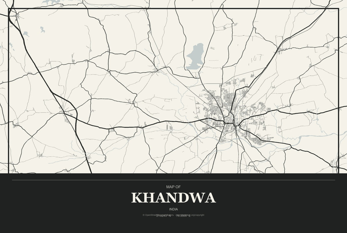 Khandwa, India City Map Aluminum Sign in Museum Plaque style