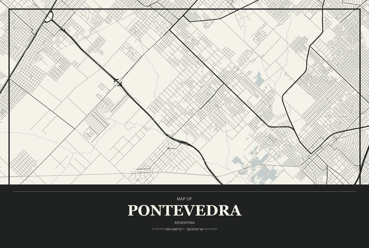 Pontevedra, Argentina City Map Aluminum Sign in Museum Plaque style