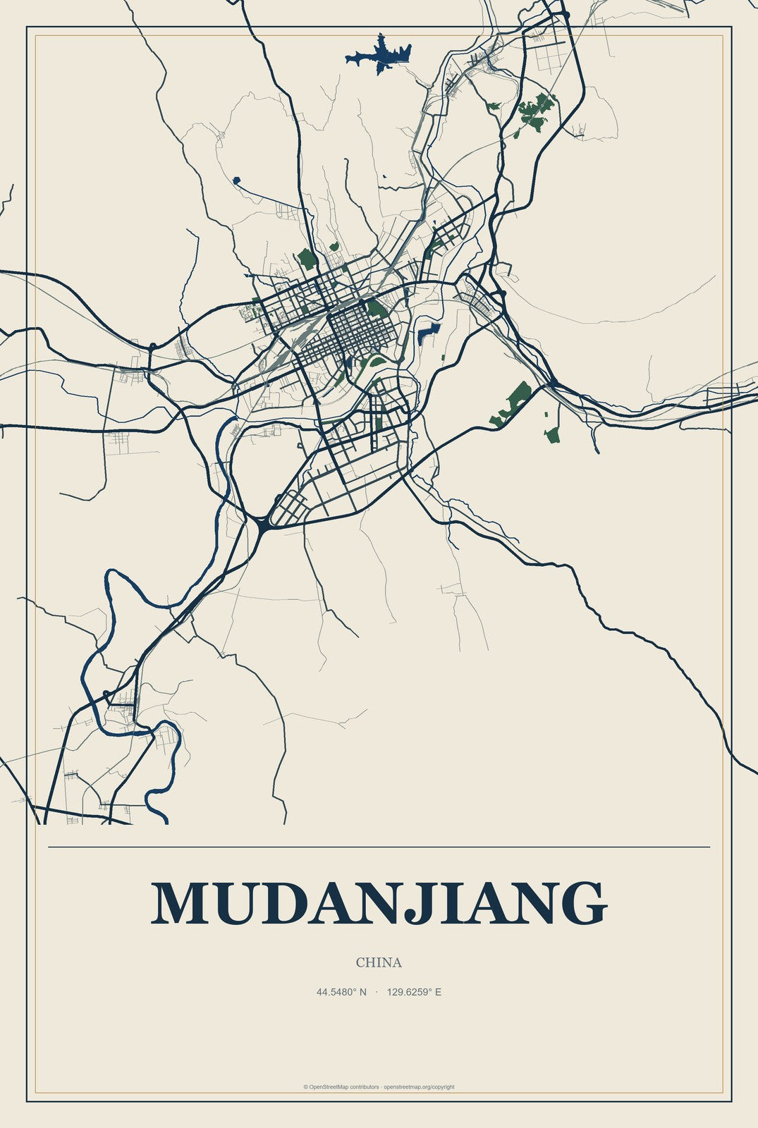 Mudanjiang, China City Map Aluminum Sign in Coastal Cutout style